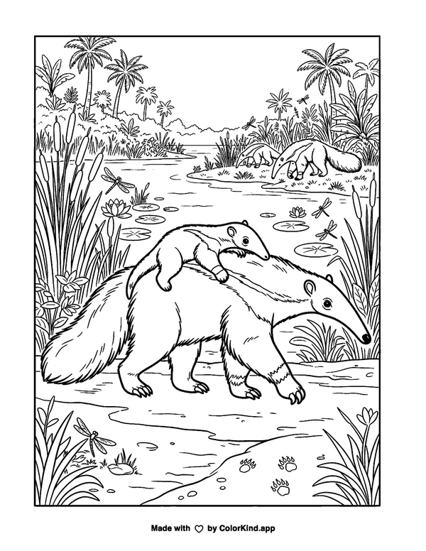 Anteater Family in a Wetland Coloring Page as a free printable coloring page reviewed by ColorKind