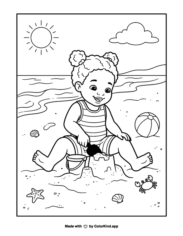 Baby Playing in the Sand as a free printable coloring page reviewed by ColorKind