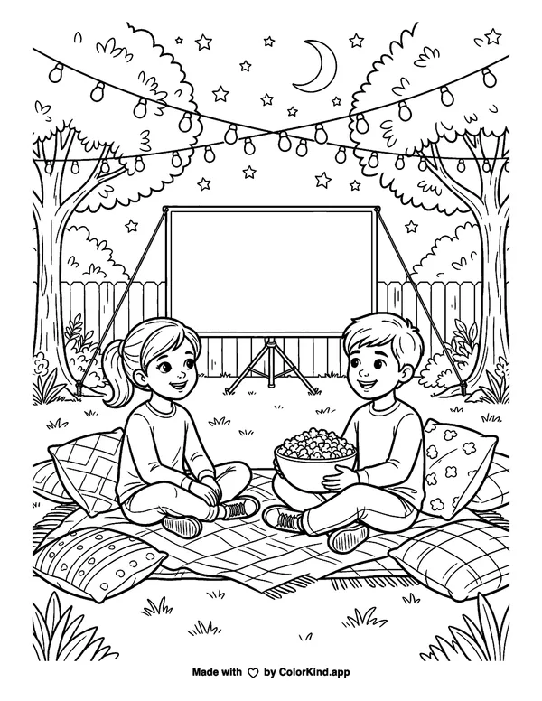 Backyard Movie Night Coloring Page as a free printable coloring page reviewed by ColorKind