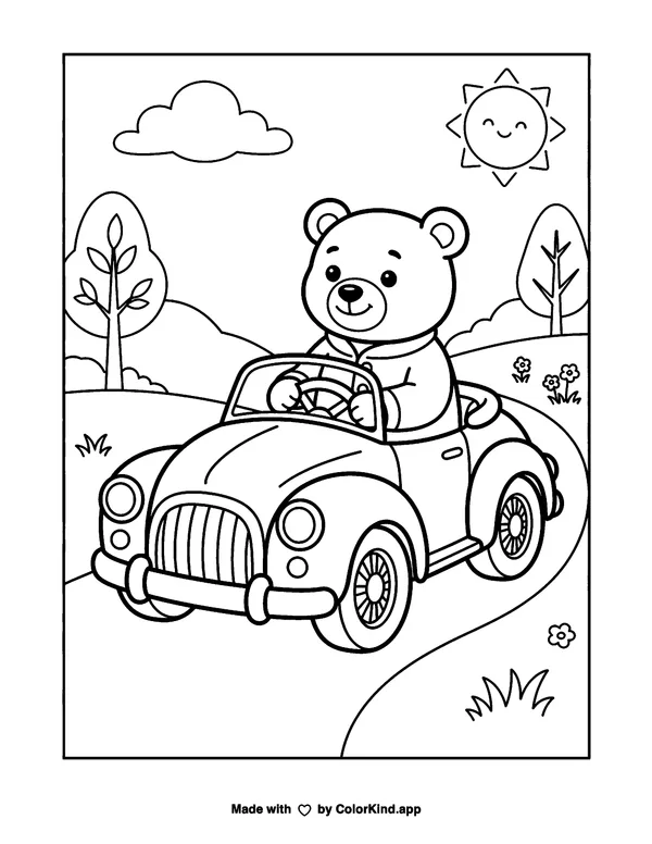 Bear Driving a Vintage Convertible as a free printable coloring page reviewed by ColorKind