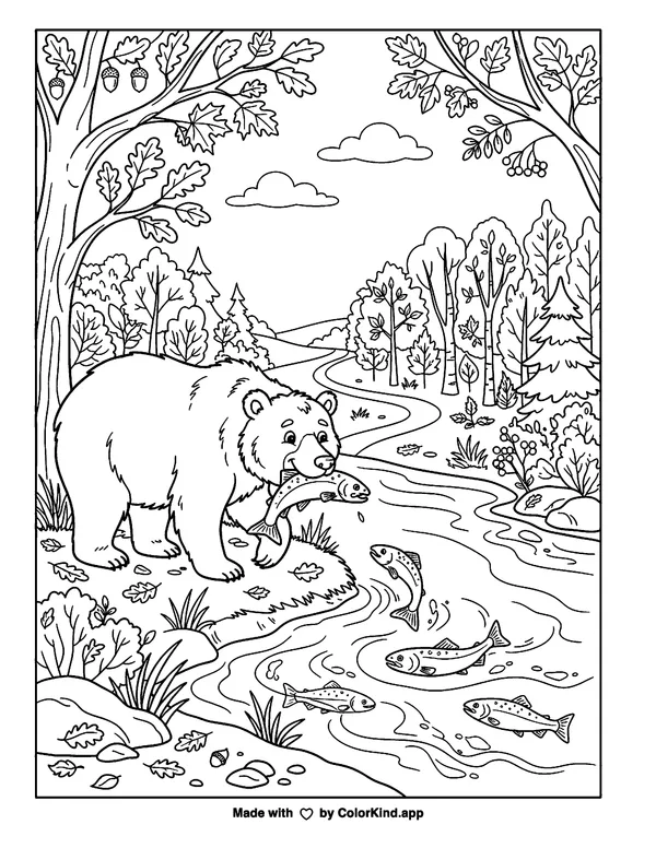Bear Fishing by the River as a free printable coloring page reviewed by ColorKind