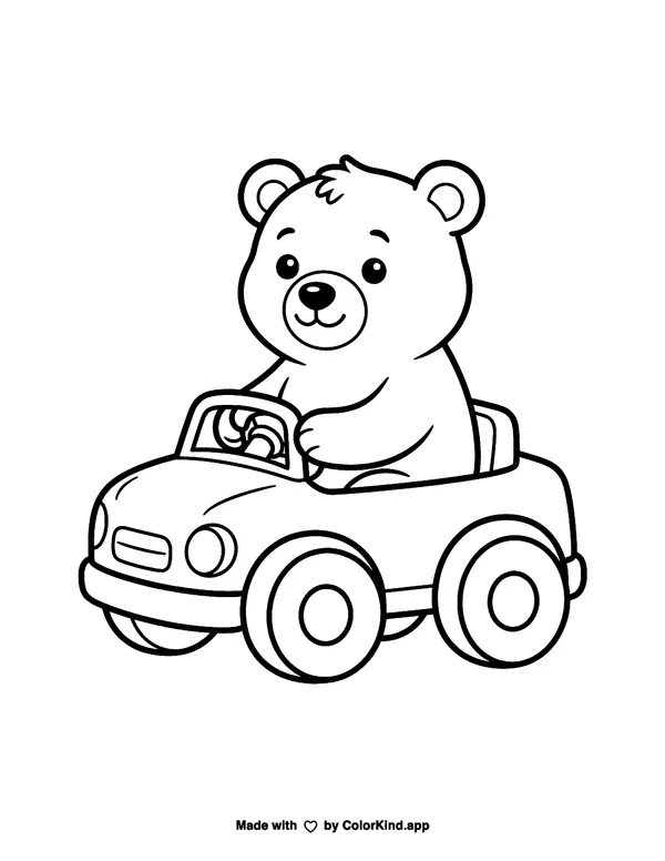 Bear in a Toy Car as a free printable coloring page reviewed by ColorKind