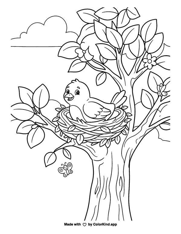Bird Nest in a Tree as a free printable coloring page reviewed by ColorKind