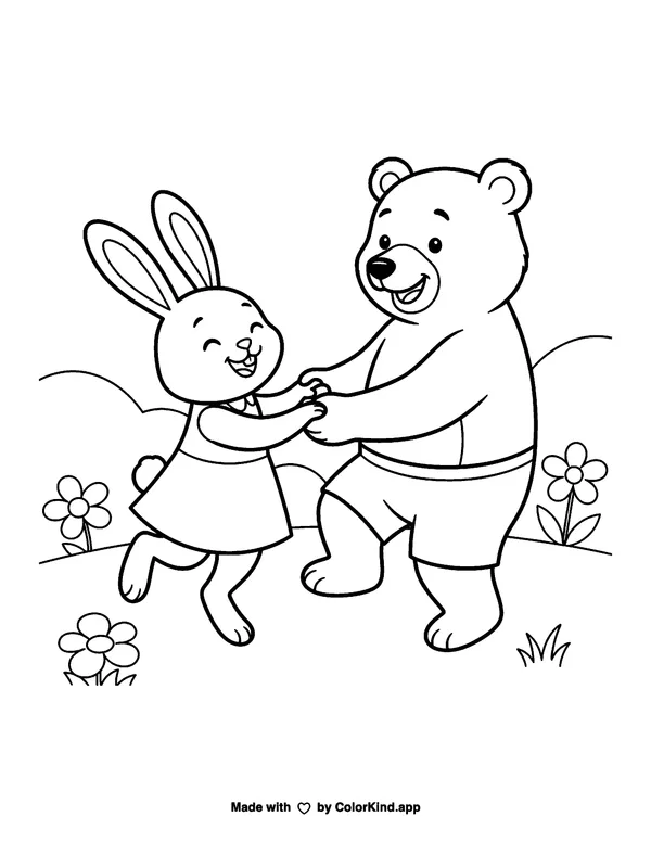 Bunny and Bear Dancing as a free printable coloring page reviewed by ColorKind