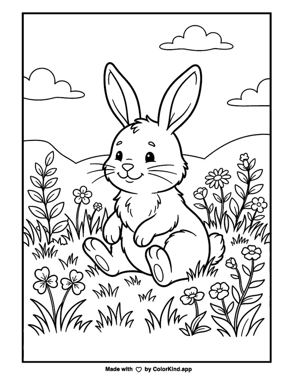 Bunny in the Grass as a free printable coloring page reviewed by ColorKind