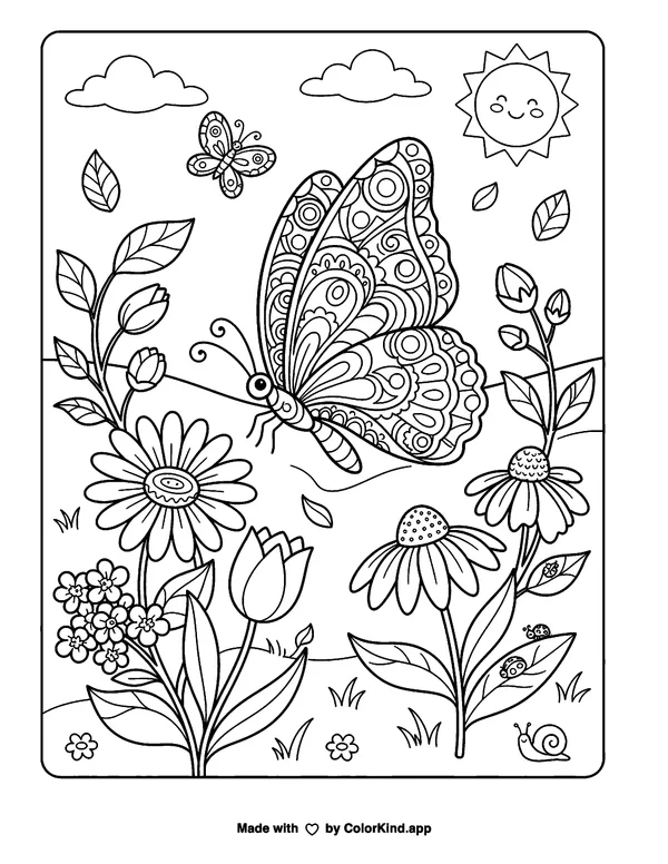 Butterfly in the Garden as a free printable coloring page reviewed by ColorKind