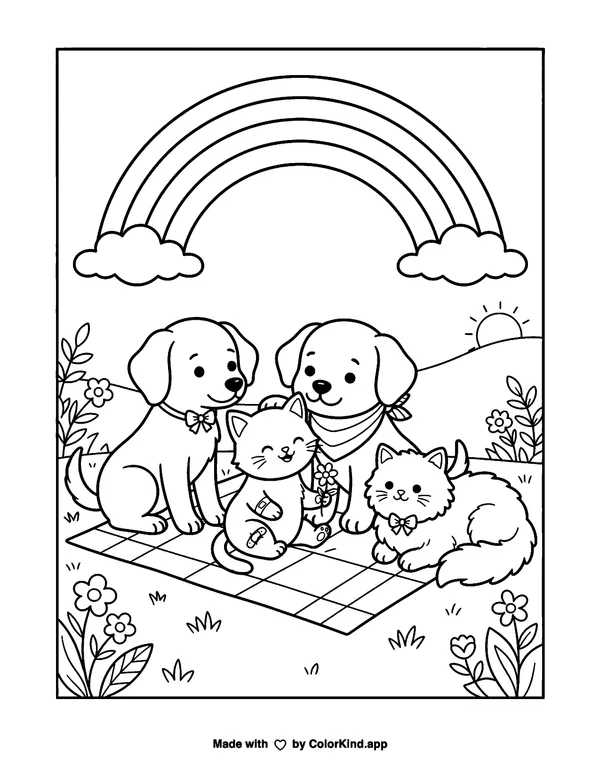 Cheerful Cats and Dogs with Rainbow Coloring Page as a free printable coloring page reviewed by ColorKind