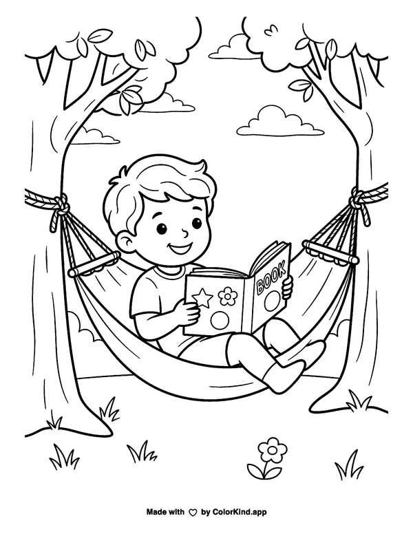Child Reading in a Hammock as a free printable coloring page reviewed by ColorKind