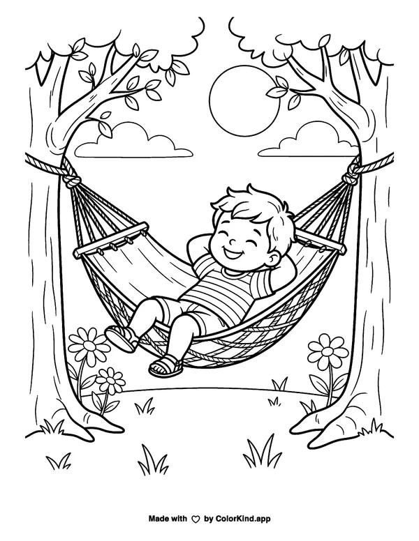 Child Resting in a Cozy Hammock as a free printable coloring page reviewed by ColorKind