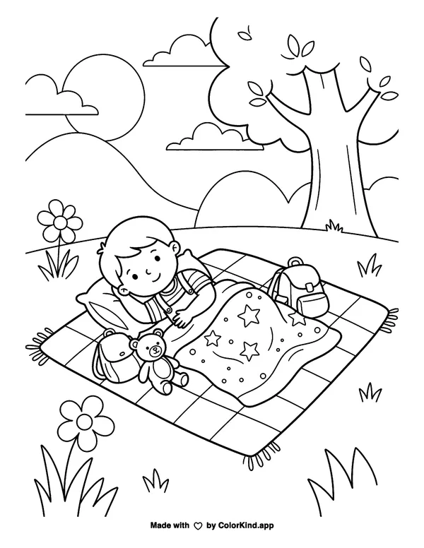 Child Resting on a Picnic Blanket as a free printable coloring page reviewed by ColorKind