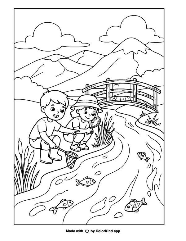 Children Exploring a River Bridge as a free printable coloring page reviewed by ColorKind