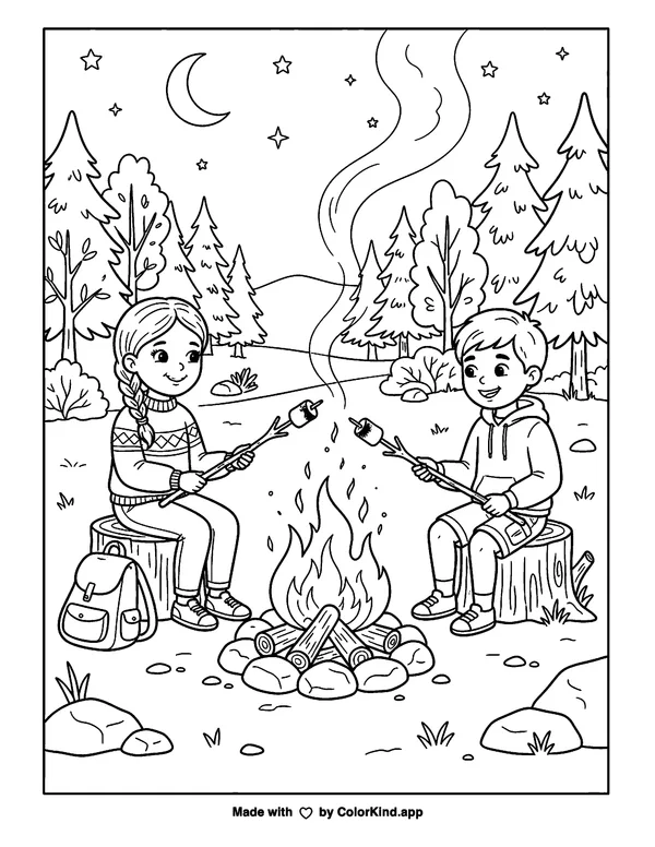 Children Roasting Marshmallows by a Campfire as a free printable coloring page reviewed by ColorKind