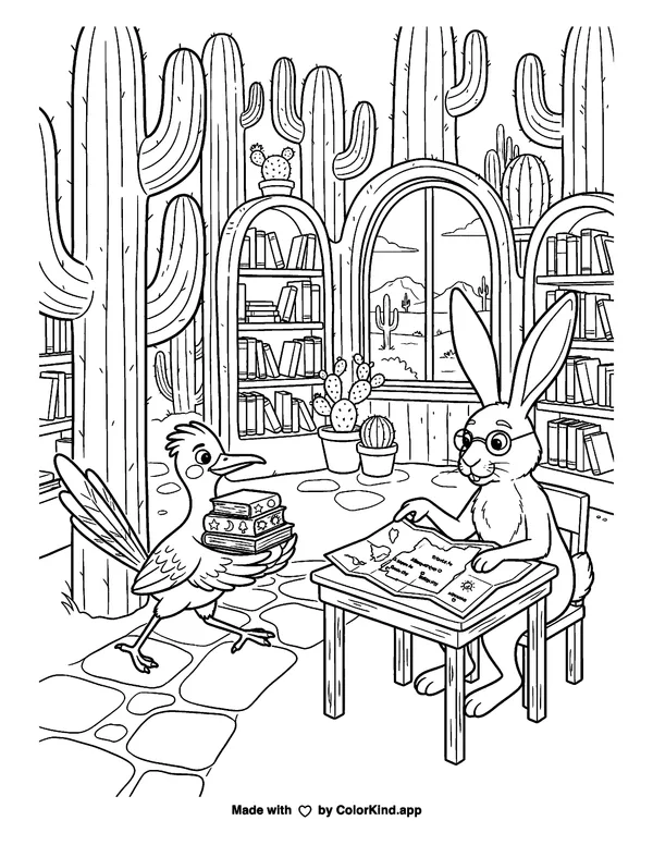 Desert Library Adventure as a free printable coloring page reviewed by ColorKind