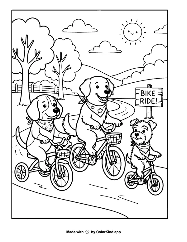 Dogs Riding Bicycles Together as a free printable coloring page reviewed by ColorKind
