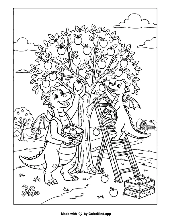 Dragon Orchard Harvest as a free printable coloring page reviewed by ColorKind