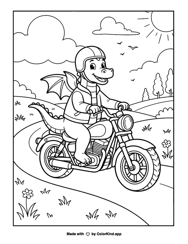 Dragon Riding a Motorcycle as a free printable coloring page reviewed by ColorKind