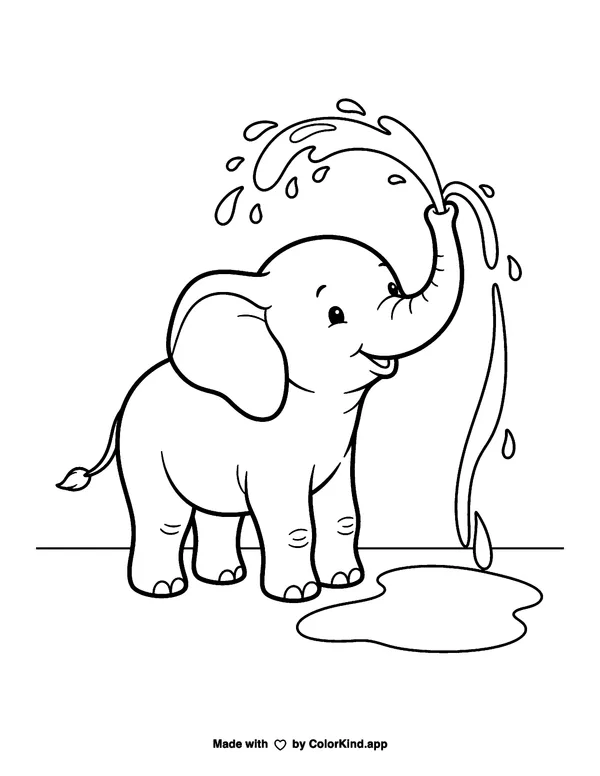 Elephant Calf Spraying Water as a free printable coloring page reviewed by ColorKind