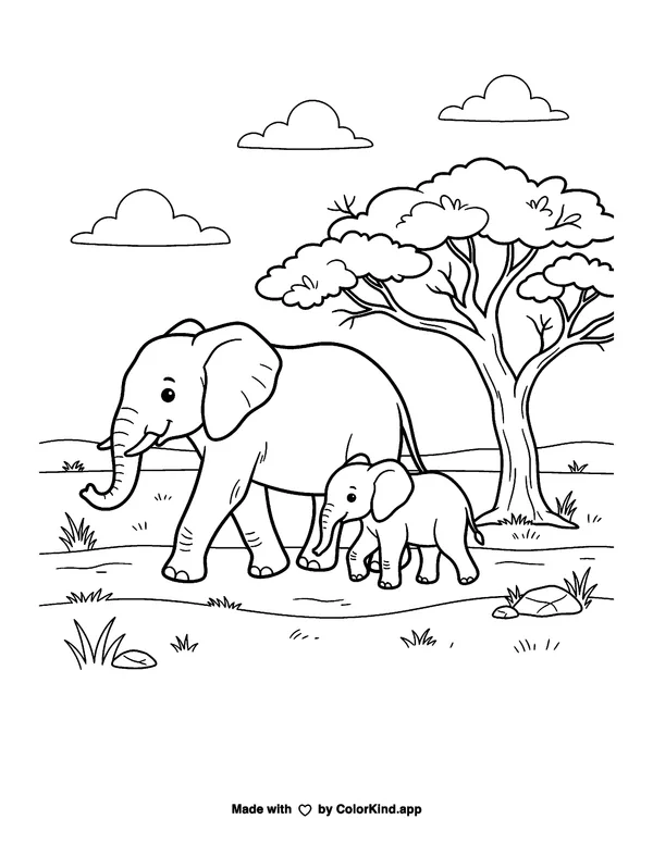 Elephant Family on the Savanna as a free printable coloring page reviewed by ColorKind