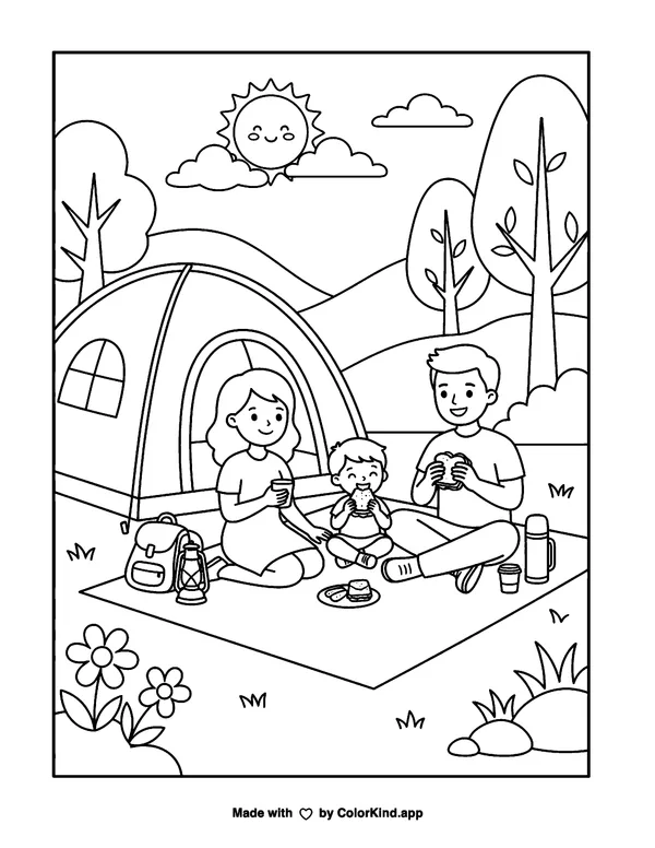 Family Camping by the Tent as a free printable coloring page reviewed by ColorKind