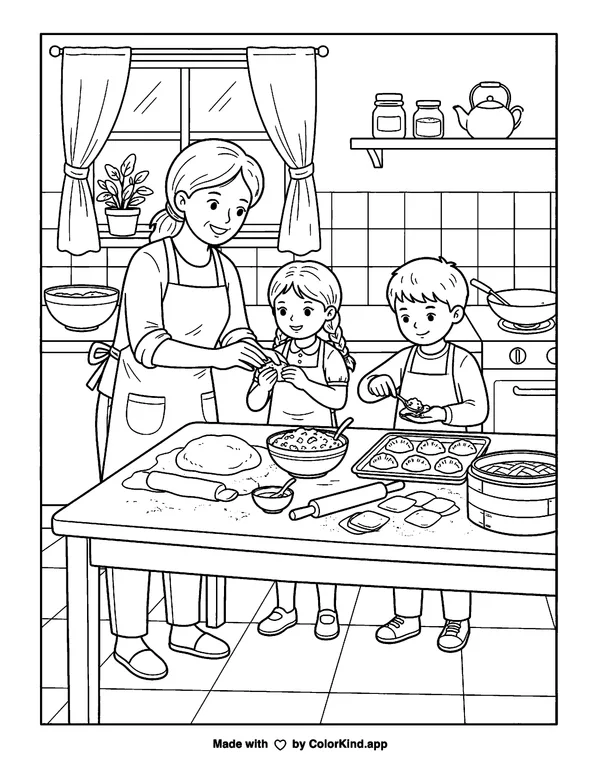 Family Making Dumplings Together Coloring Page as a free printable coloring page reviewed by ColorKind