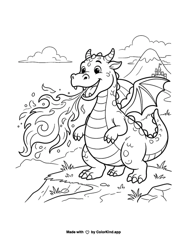 Friendly Dragon Breathing Fire as a free printable coloring page reviewed by ColorKind
