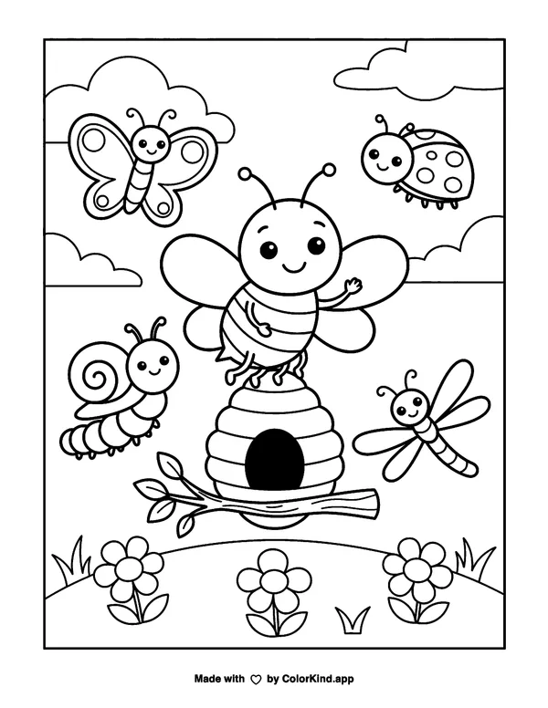 Friendly Honeybee Hive Scene as a free printable coloring page reviewed by ColorKind