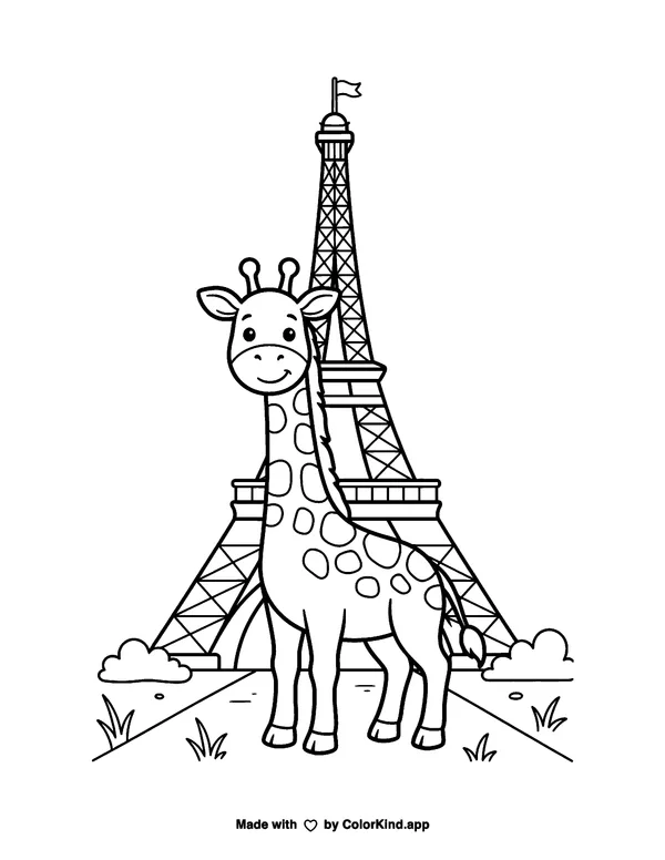 Giraffe by a Tall City Tower as a free printable coloring page reviewed by ColorKind