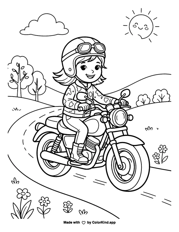 Girl Riding a Motorcycle as a free printable coloring page reviewed by ColorKind