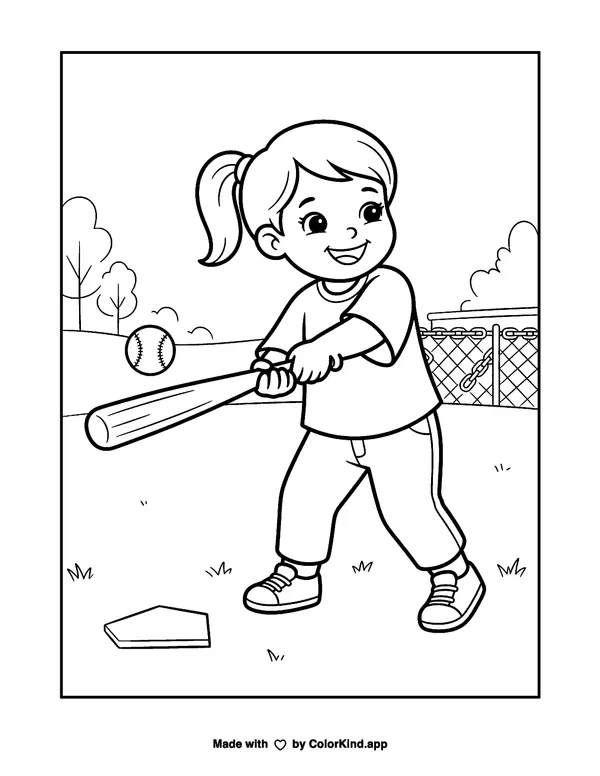 Girl Swinging a Baseball Bat as a free printable coloring page reviewed by ColorKind
