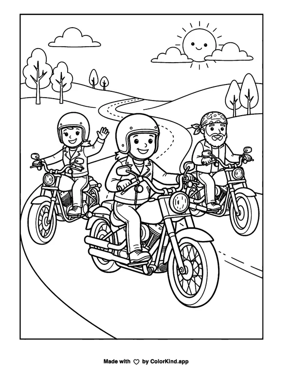 Group of Motorcycle Riders as a free printable coloring page reviewed by ColorKind