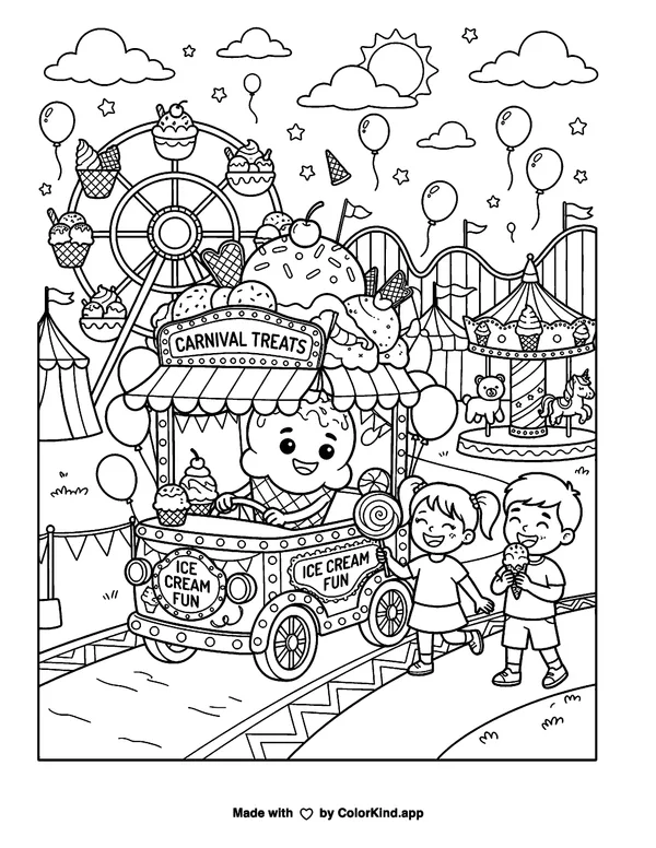 Ice Cream Carnival Coloring Page as a free printable coloring page reviewed by ColorKind