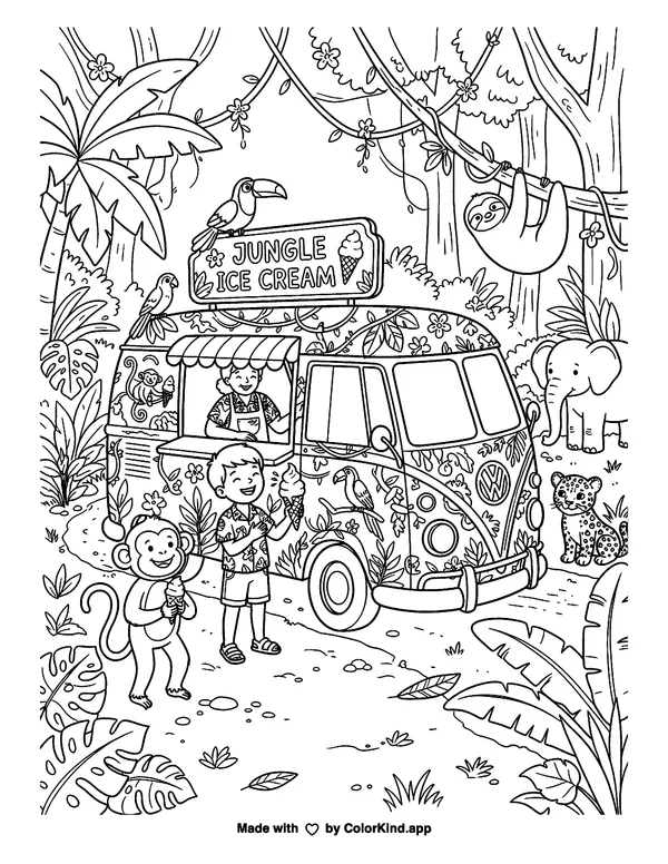 Jungle Ice Cream Truck Coloring Page as a free printable coloring page reviewed by ColorKind