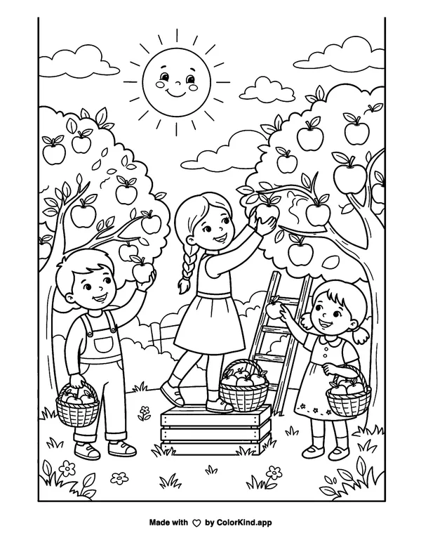 Kids Picking Apples in a Sunny Orchard as a free printable coloring page reviewed by ColorKind