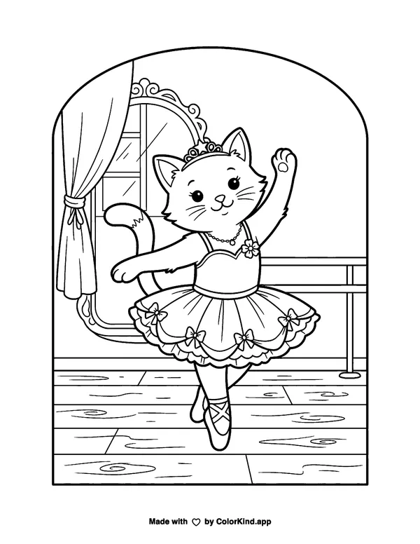 Kitten Ballerina as a free printable coloring page reviewed by ColorKind