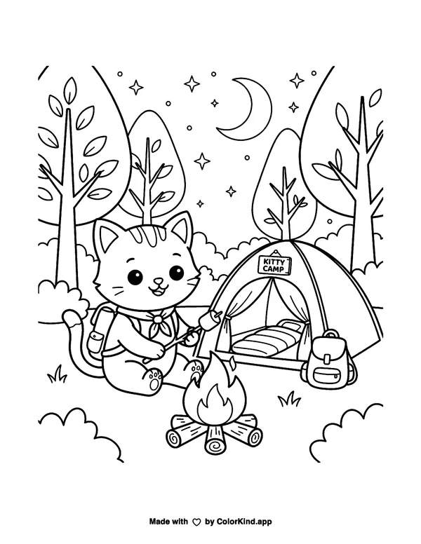 Kitten Camping Adventure as a free printable coloring page reviewed by ColorKind