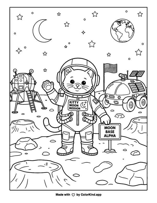 Kitten Moon Mission as a free printable coloring page reviewed by ColorKind