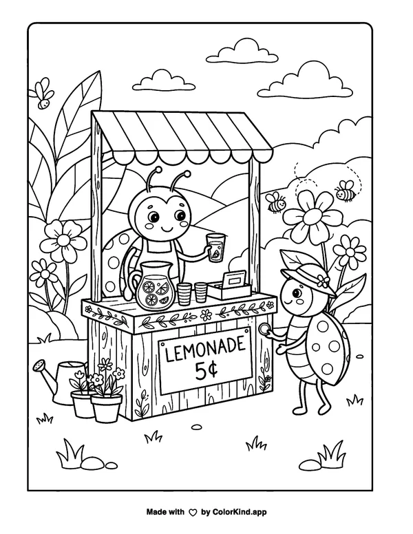 Ladybug Lemonade Stand as a free printable coloring page reviewed by ColorKind