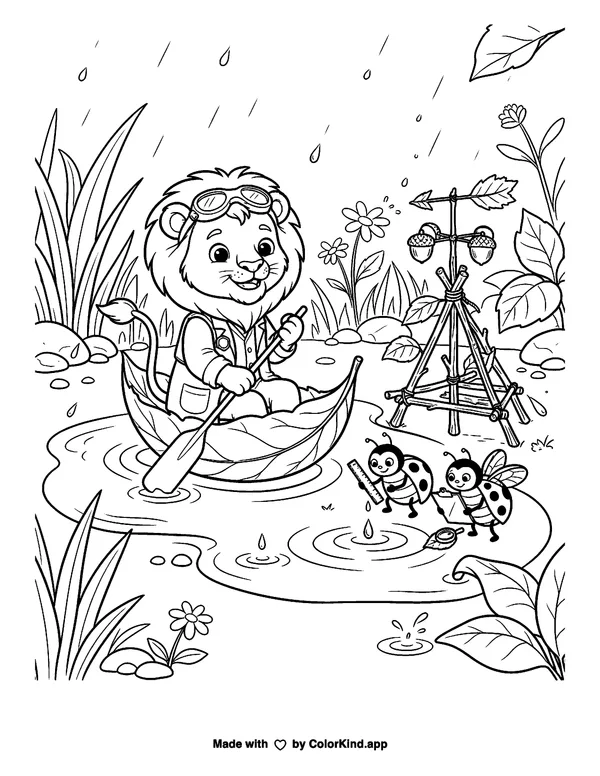 Lion Scientist on a Leaf Boat Coloring Page as a free printable coloring page reviewed by ColorKind