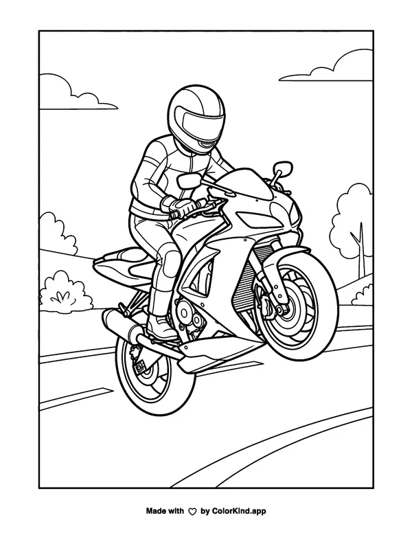 Motorcycle Wheelie Action as a free printable coloring page reviewed by ColorKind