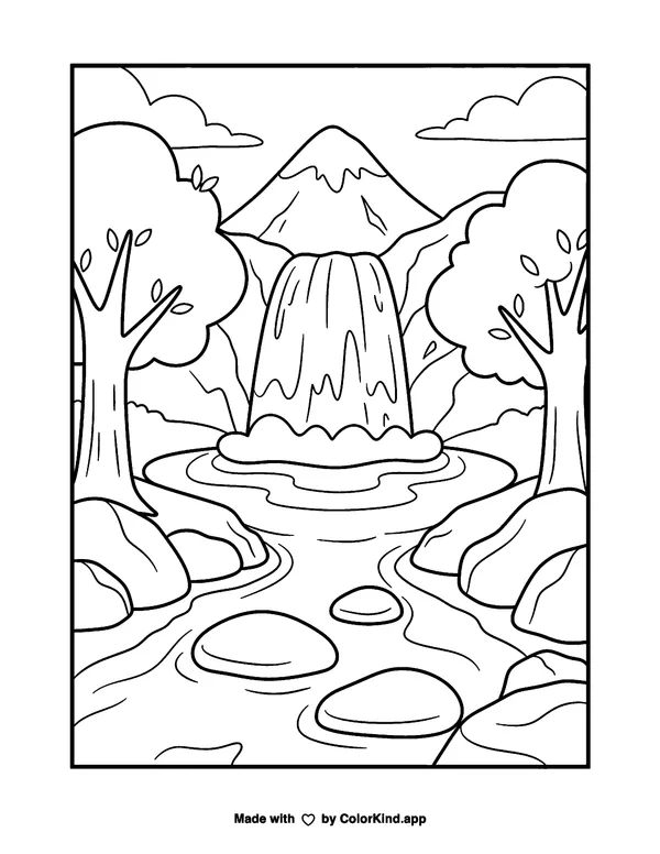 Mountain Waterfall Nature Scene as a free printable coloring page reviewed by ColorKind