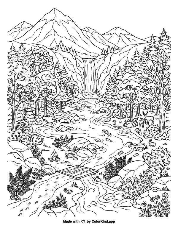 Mountain Waterfall Scene as a free printable coloring page reviewed by ColorKind