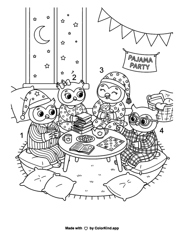 Owl Pajama Party as a free printable coloring page reviewed by ColorKind