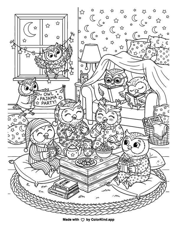 Owl Pajama Party as a free printable coloring page reviewed by ColorKind