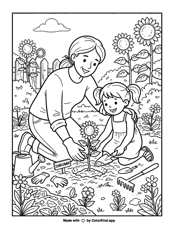 Parent and Child Planting a Sunflower as a free printable coloring page reviewed by ColorKind
