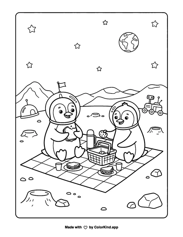 Penguin Picnic on Mars as a free printable coloring page reviewed by ColorKind