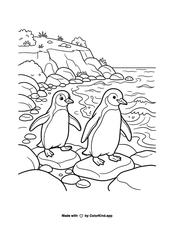 Penguins on a Rocky Shore as a free printable coloring page reviewed by ColorKind