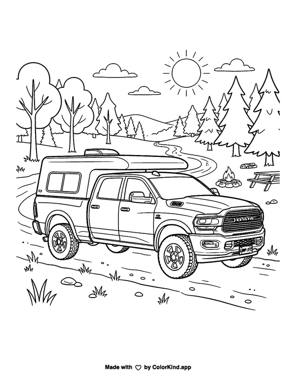 Pickup Truck with Camper Shell as a free printable coloring page reviewed by ColorKind