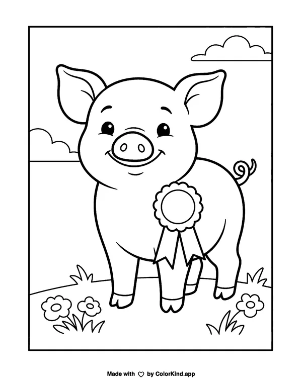 Piglet with a Prize Ribbon as a free printable coloring page reviewed by ColorKind
