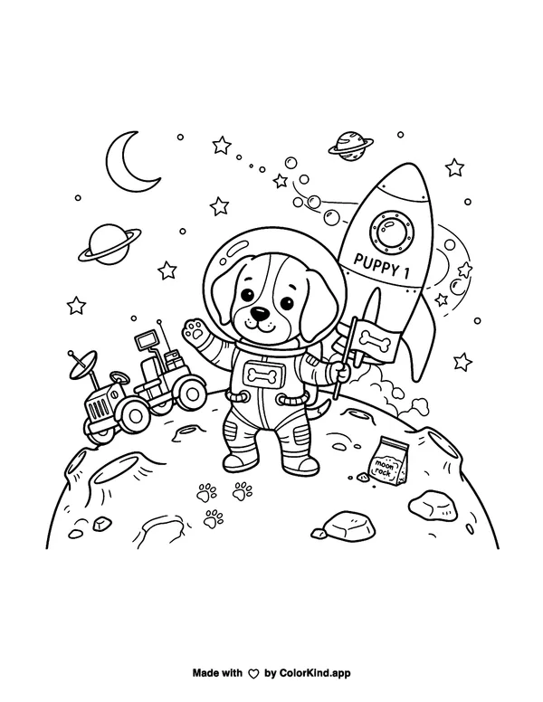 Puppy Moon Adventure as a free printable coloring page reviewed by ColorKind