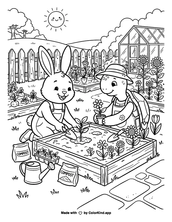 Rabbit and Turtle Planting Flowers Coloring Page as a free printable coloring page reviewed by ColorKind
